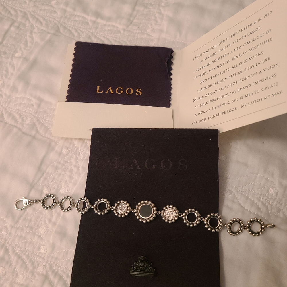 LAGOS Maya Diamond & Black Onyx circle Silver Caviar Beaded Bracelet